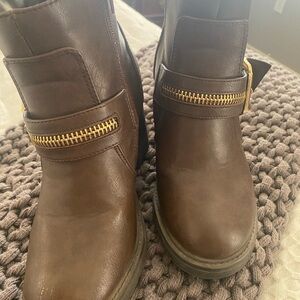 Brown Leather Ankle Boots with Gold Accents